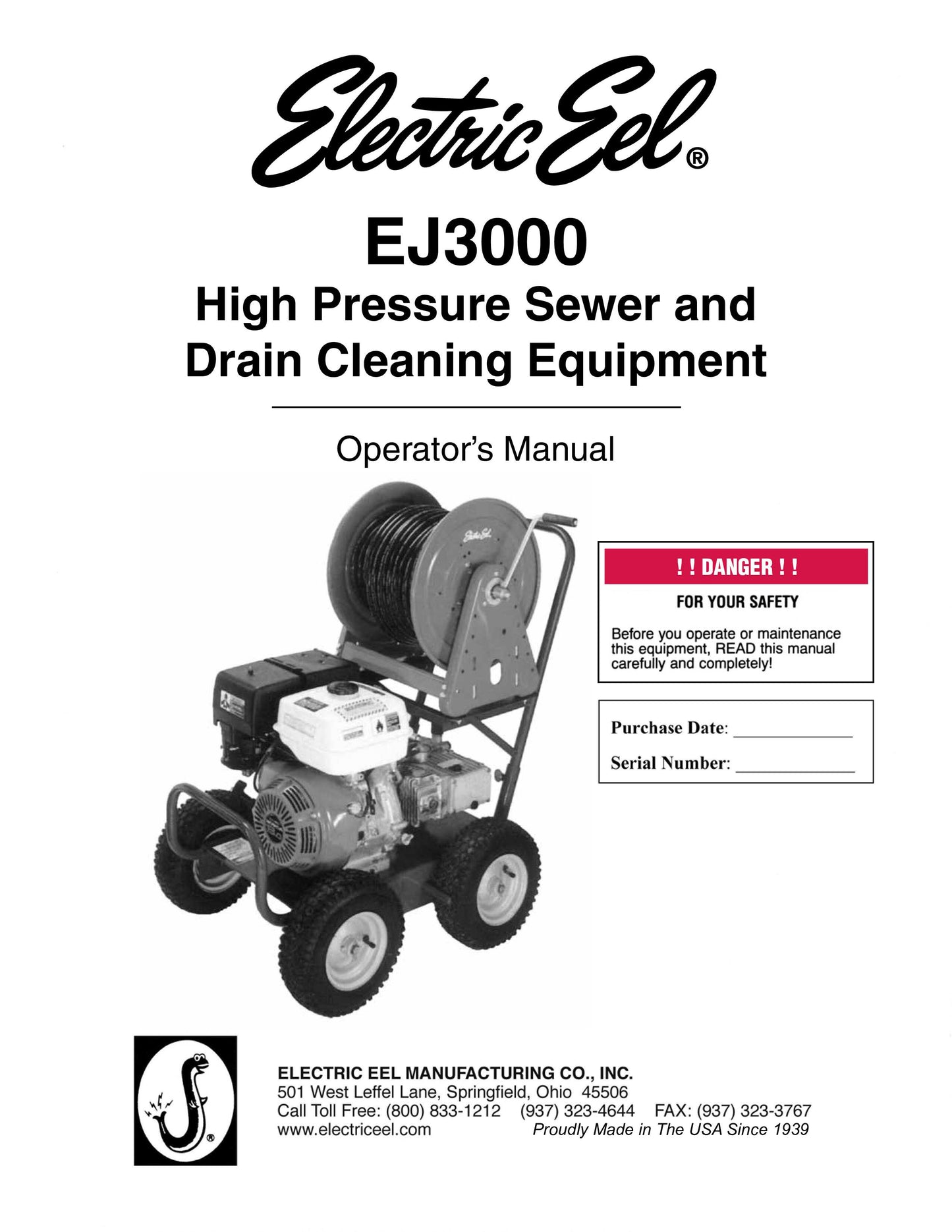 Electric Eel 'EJ3000'  200ft - 3000psi / 4.7gpm Gas Jetter with 13HP Honda Engine.