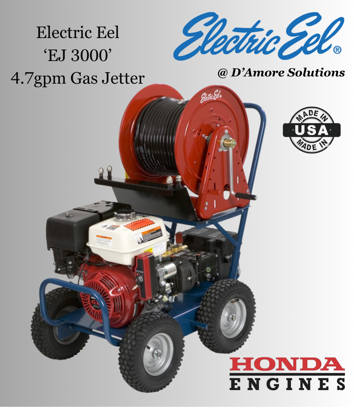 Electric Eel 'EJ3000'  200ft - 3000psi / 4.7gpm Gas Jetter with 13HP Honda Engine.