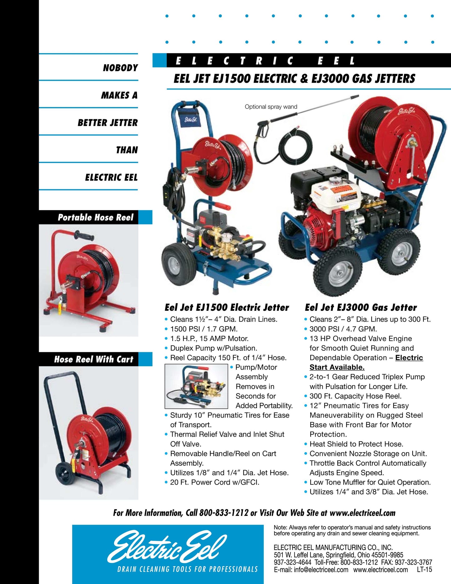 Electric Eel 'EJ3000'  200ft - 3000psi / 4.7gpm Gas Jetter with 13HP Honda Engine.