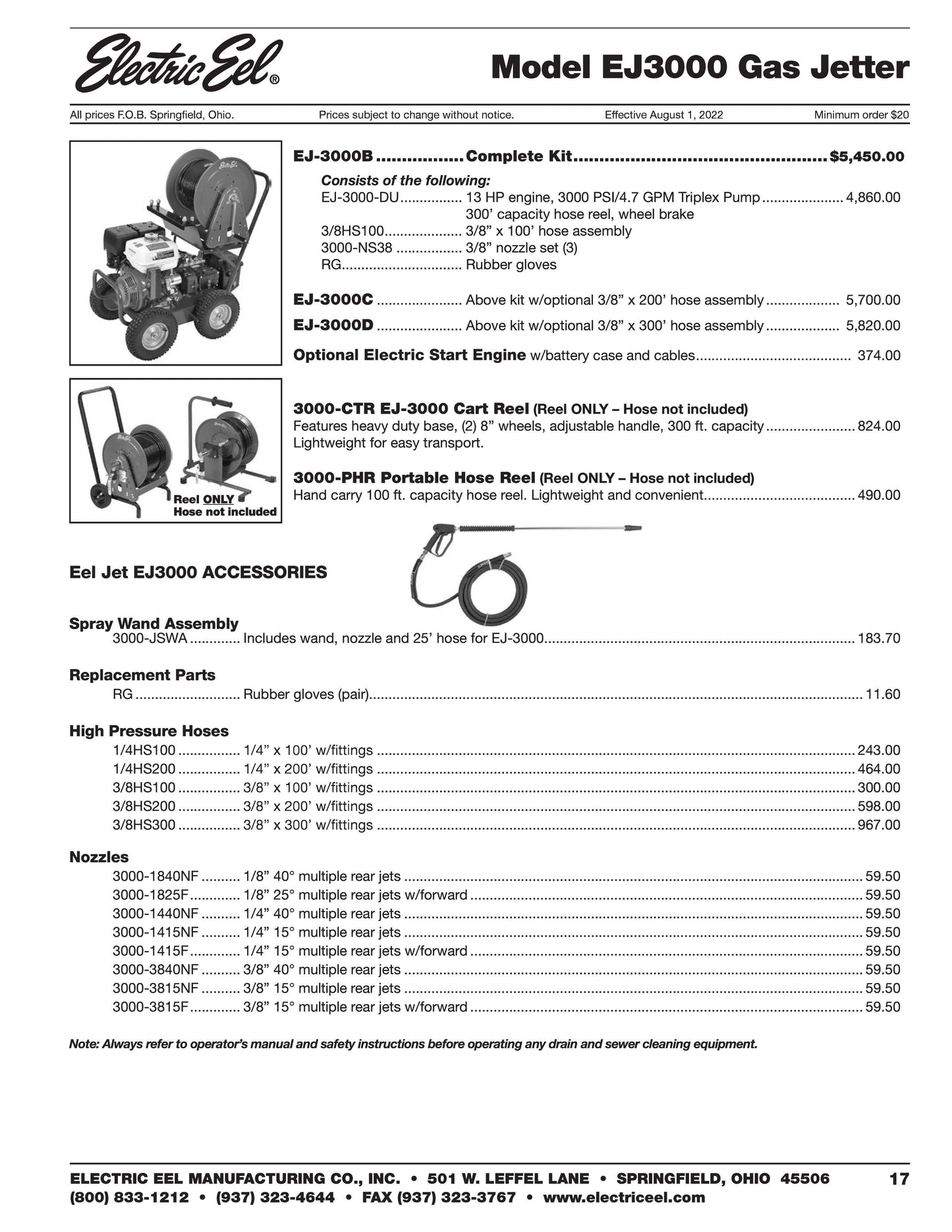 Electric Eel 'EJ3000'  200ft - 3000psi / 4.7gpm Gas Jetter with 13HP Honda Engine.